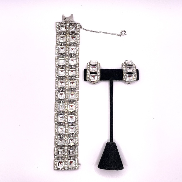 Bogoff Signed Vintage Rhinestone Panel Bracelet Clip Earrings Set - Picture 7 of 15